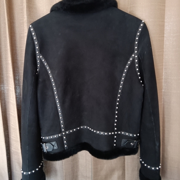 Givenchy Paris Black Shearling Wool Red Leather Studded Moto Jacket Size Medium - Picture 7 of 16